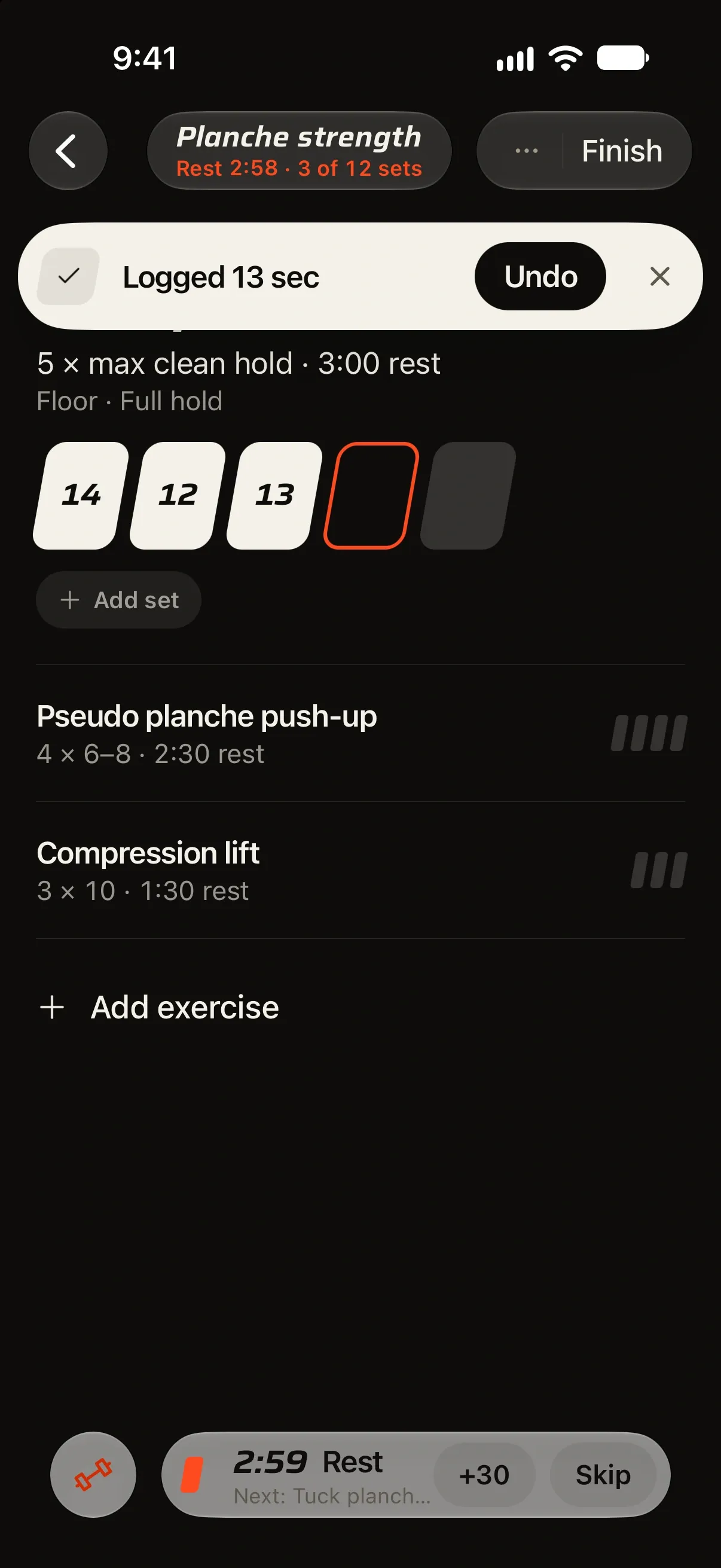 The running workout after logging: a Logged 13 sec banner with Undo, and rest counting down in the workout bar.